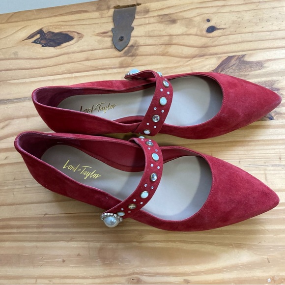 Lord &Taylor size 6.5 Red Suede Flats with Stones on Strap Good Condition - Picture 11 of 12